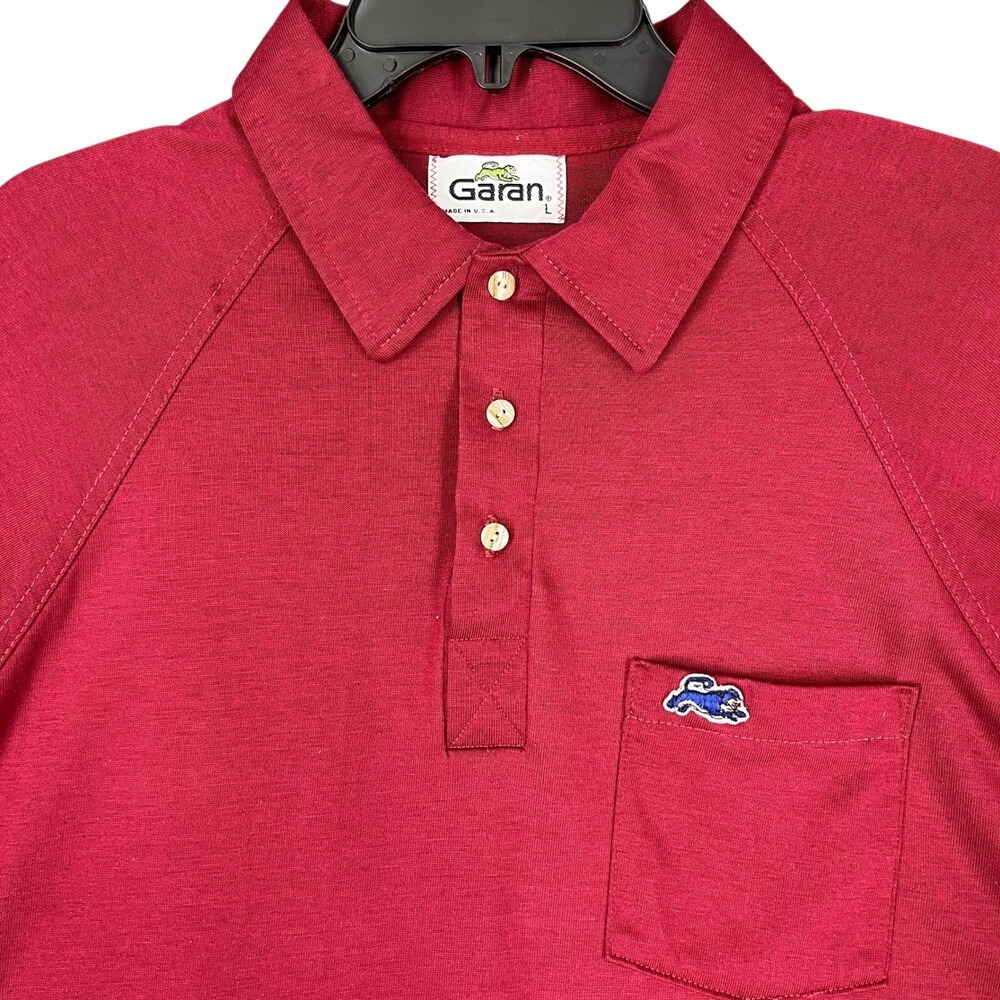 Garan Polo Shirt Mens L Vintage Made In USA Red Knit Pocket Retro Casual Classic